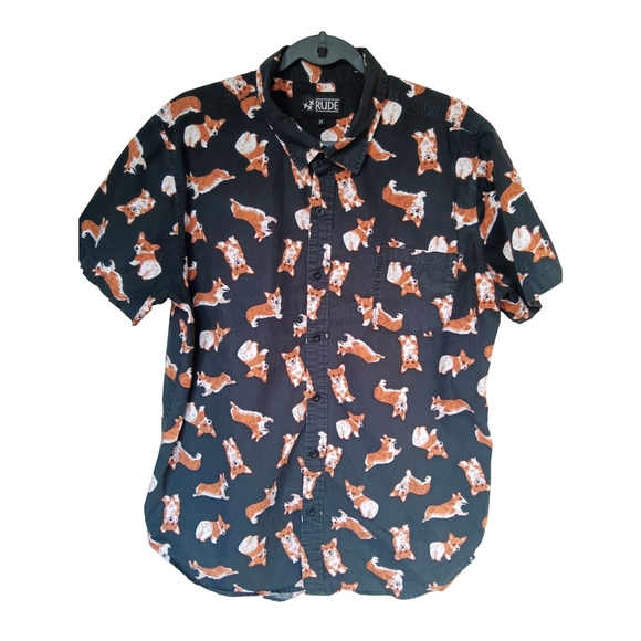 RUDE Black Shirt with Corgi Pattern - Picture 1 of 6
